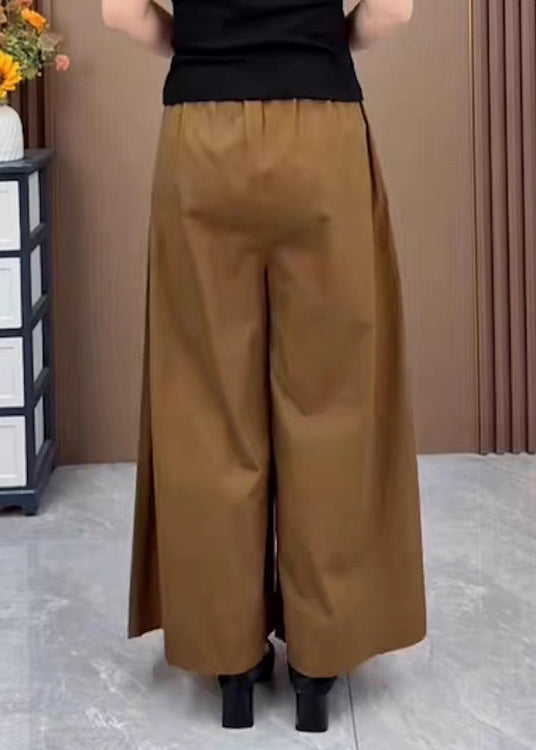 New Orange Pockets Elastic Waist Cotton Wide Leg Pants Fall