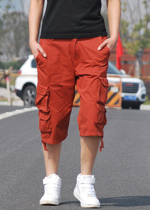 New Orange Pockets High Waist Cotton Mens Crop Pants Summer