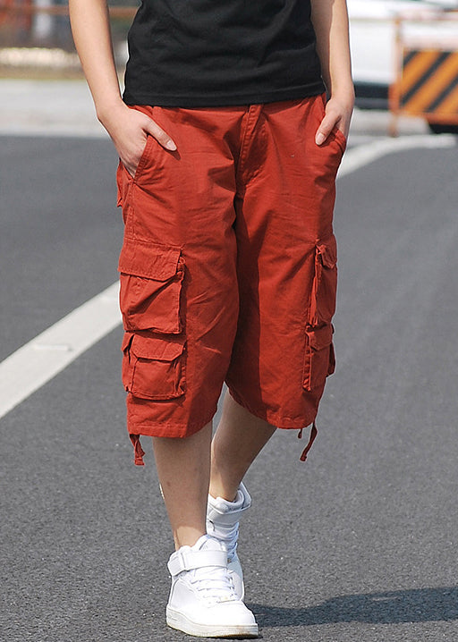 New Orange Pockets High Waist Cotton Mens Crop Pants Summer