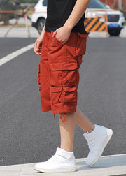 New Orange Pockets High Waist Cotton Mens Crop Pants Summer