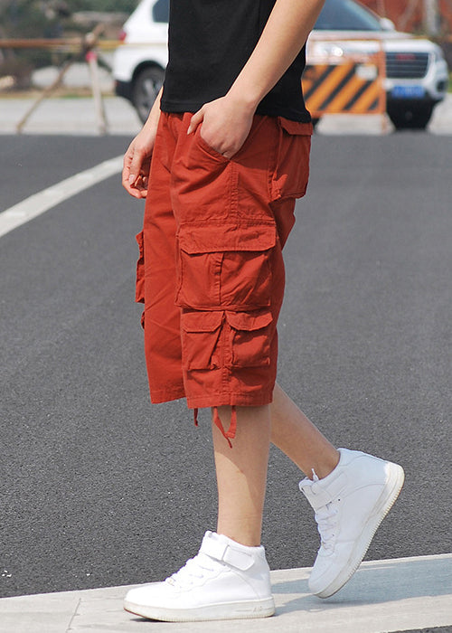 New Orange Pockets High Waist Cotton Mens Crop Pants Summer