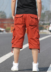 New Orange Pockets High Waist Cotton Mens Crop Pants Summer