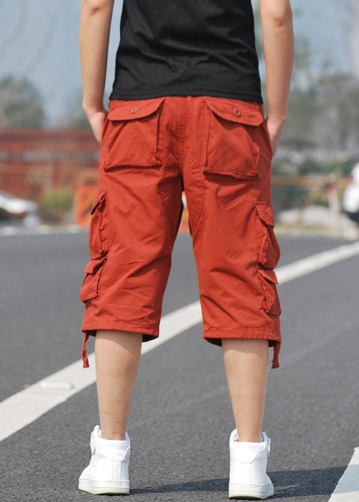 New Orange Pockets High Waist Cotton Mens Crop Pants Summer