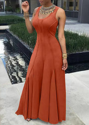 New Orange U Neck Solid Cotton Maxi Dresses Sleeveless