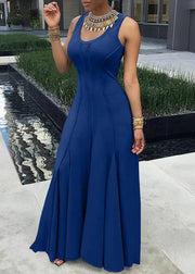 New Orange U Neck Solid Cotton Maxi Dresses Sleeveless