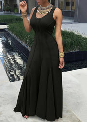 New Orange U Neck Solid Cotton Maxi Dresses Sleeveless