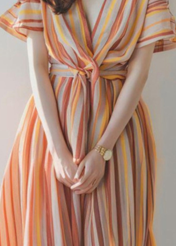 New Orange V Neck Striped Chiffon Dress Summer