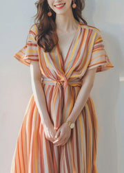 New Orange V Neck Striped Chiffon Dress Summer