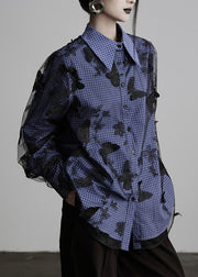 New Peter Pan Collar Plaid Butterfly Embroidered Cotton Blouses Fall