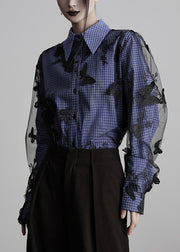 New Peter Pan Collar Plaid Butterfly Embroidered Cotton Blouses Fall