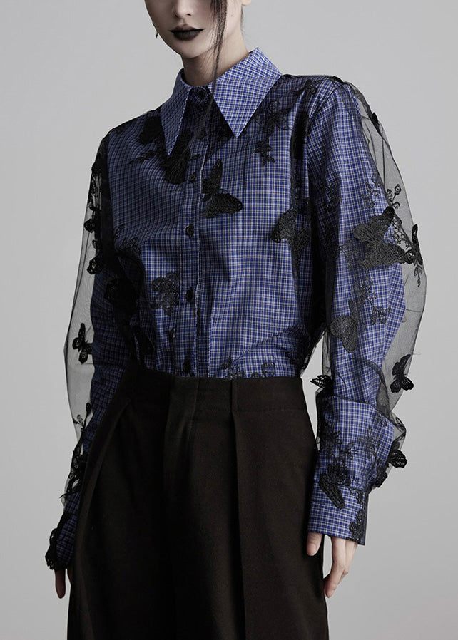 New Peter Pan Collar Plaid Butterfly Embroidered Cotton Blouses Fall