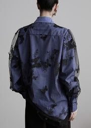 New Peter Pan Collar Plaid Butterfly Embroidered Cotton Blouses Fall