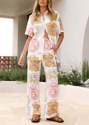 New Peter Pan Collar Print Tops And Pants Two Pieces Set Summer