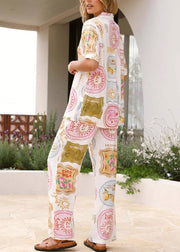 New Peter Pan Collar Print Tops And Pants Two Pieces Set Summer