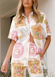 New Peter Pan Collar Print Tops And Pants Two Pieces Set Summer