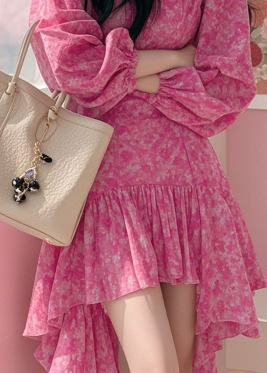 New Pink Asymmetrical Print Cotton Mid Dress Spring