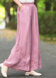 New Pink Embroidered Elastic Waist Silk Wide Leg Pants Summer