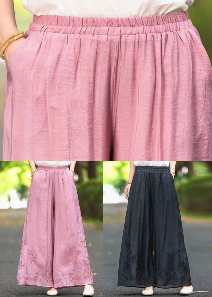 New Pink Embroidered Elastic Waist Silk Wide Leg Pants Summer