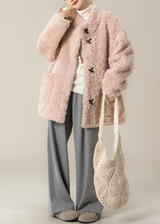 New Pink Faux Fur Coat And Grey Wide Leg Pants Set Winter