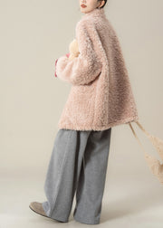 New Pink Faux Fur Coat And Grey Wide Leg Pants Set Winter