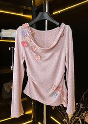New Pink Floral Solid Cotton T Shirt Spring