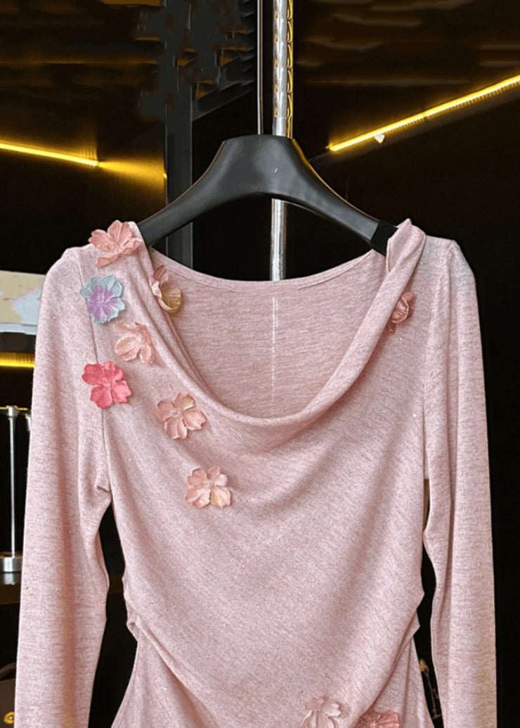 New Pink Floral Solid Cotton T Shirt Spring