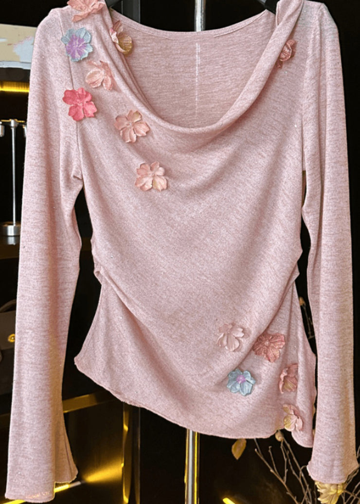 New Pink Floral Solid Cotton T Shirt Spring