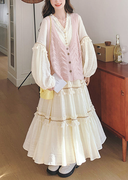New Pink Hollow Out Knit Vest And Beige Ruffled Dress Two Pieces Set Fall