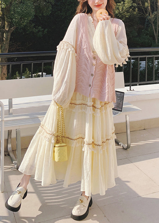 New Pink Hollow Out Knit Vest And Beige Ruffled Dress Two Pieces Set Fall
