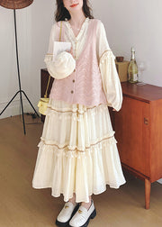 New Pink Hollow Out Knit Vest And Beige Ruffled Dress Two Pieces Set Fall