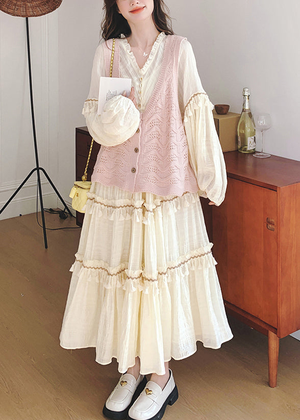 New Pink Hollow Out Knit Vest And Beige Ruffled Dress Two Pieces Set Fall