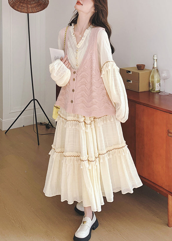 New Pink Hollow Out Knit Vest And Beige Ruffled Dress Two Pieces Set Fall