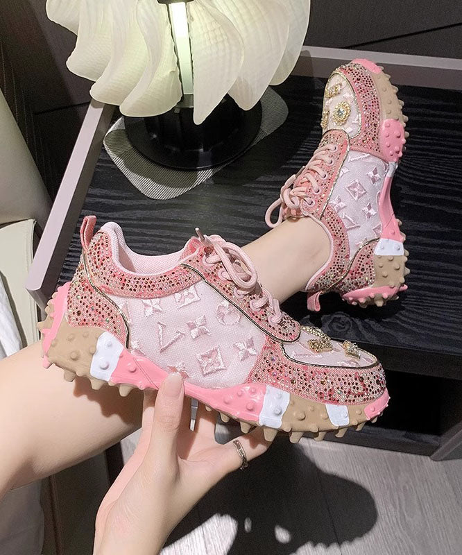 New Pink Mesh Breathable Zircon Lace Up Sports Shoes