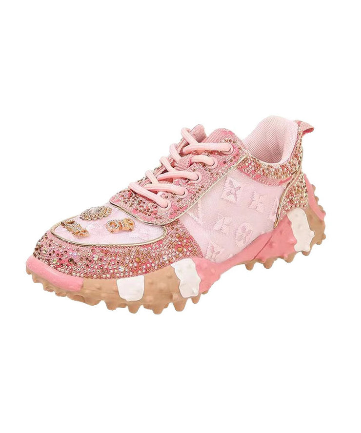New Pink Mesh Breathable Zircon Lace Up Sports Shoes