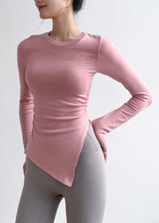 New Pink O-Neck Asymmetrical Long Sleeve Fitting Workout Tops