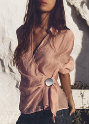 New Pink Peter Pan Collar Solid Cotton Shirt Fall