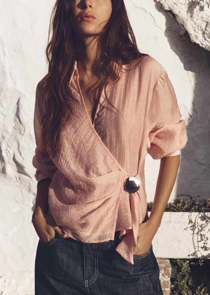 New Pink Peter Pan Collar Solid Cotton Shirt Fall