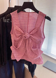 New Pink Plaid Bow Cotton Shirt Sleeveless