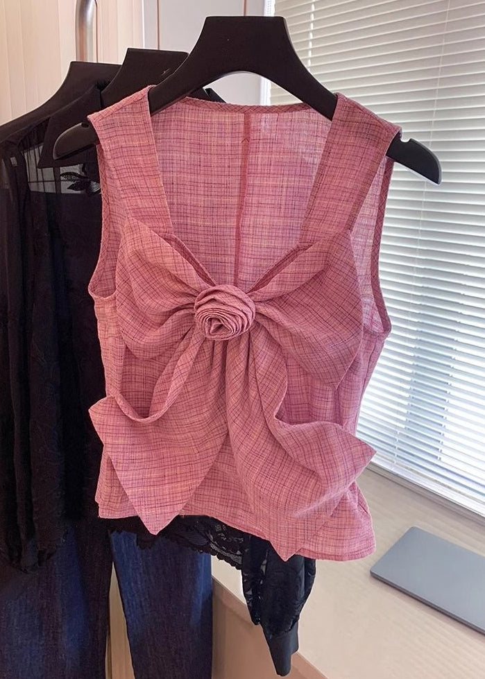 New Pink Plaid Bow Cotton Shirt Sleeveless