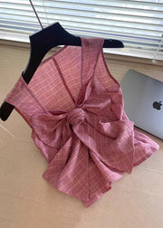 New Pink Plaid Bow Cotton Shirt Sleeveless