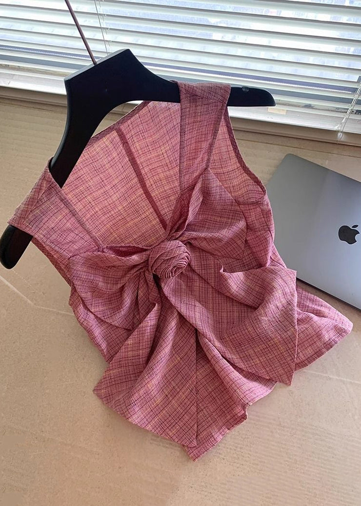 New Pink Plaid Bow Cotton Shirt Sleeveless