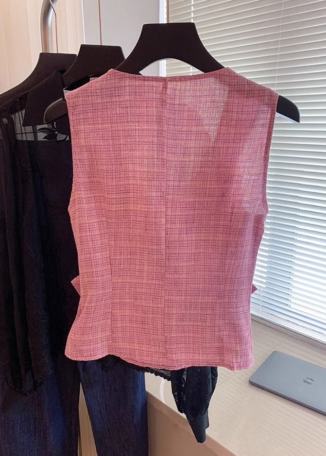 New Pink Plaid Bow Cotton Shirt Sleeveless
