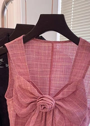 New Pink Plaid Bow Cotton Shirt Sleeveless