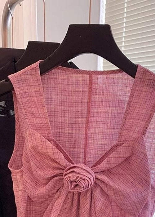 New Pink Plaid Bow Cotton Shirt Sleeveless