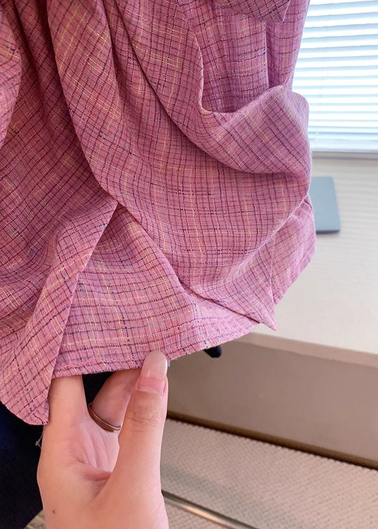 New Pink Plaid Bow Cotton Shirt Sleeveless