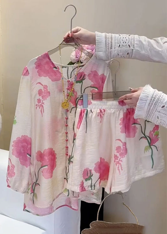 New Pink Print Shirts And Shorts Blouse Tops Fall