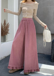 New Pink Ruffled Patchwork Corduroy Wide Leg Pants Fall
