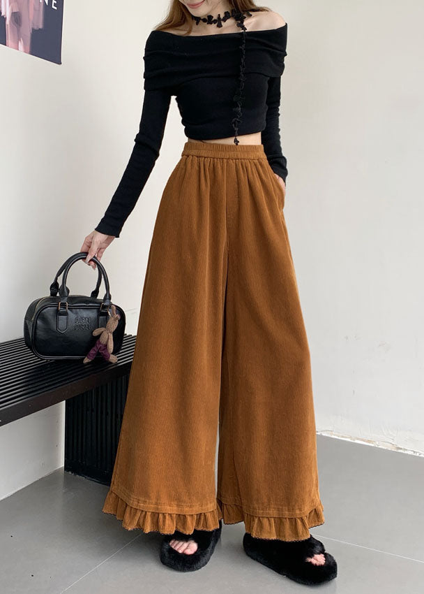 New Pink Ruffled Patchwork Corduroy Wide Leg Pants Fall
