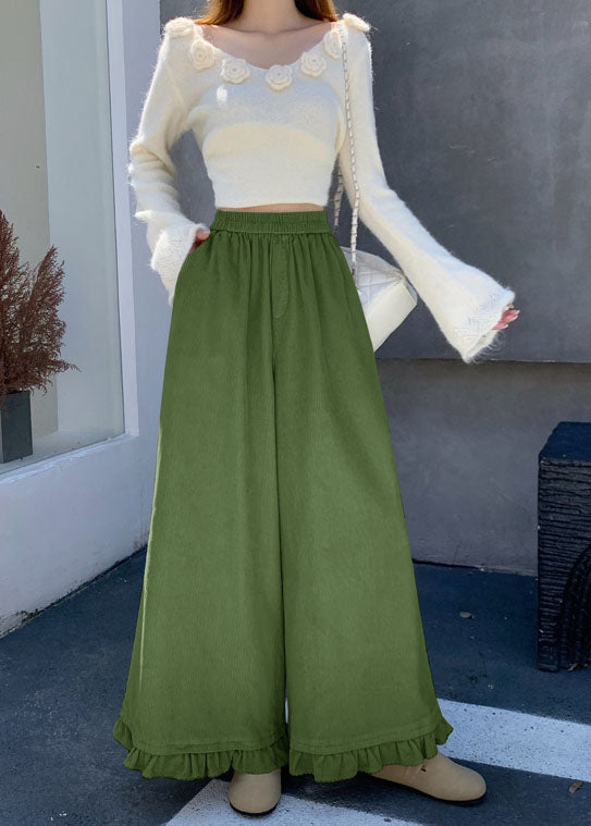 New Pink Ruffled Patchwork Corduroy Wide Leg Pants Fall