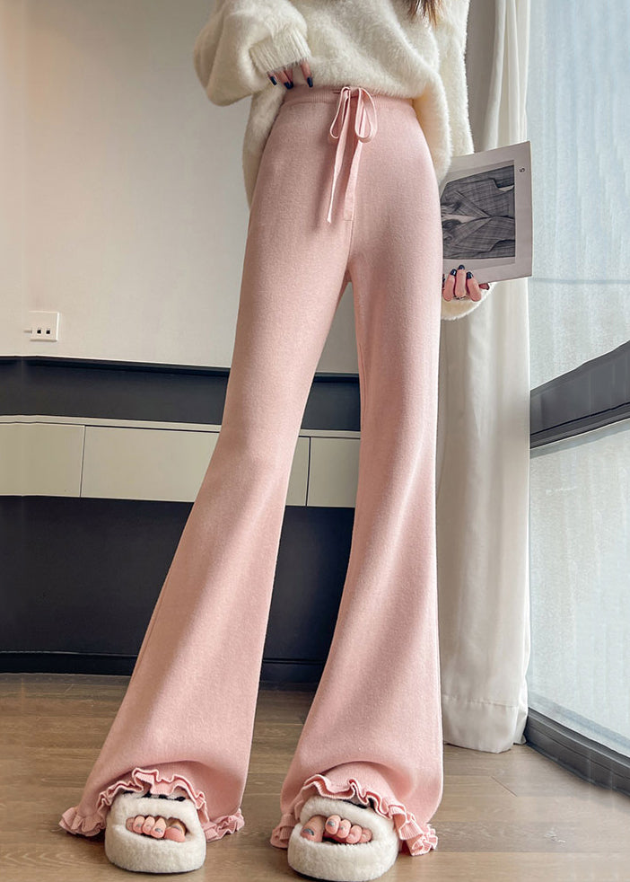 New Pink Solid Elastic Waist Knit Flared Trousers